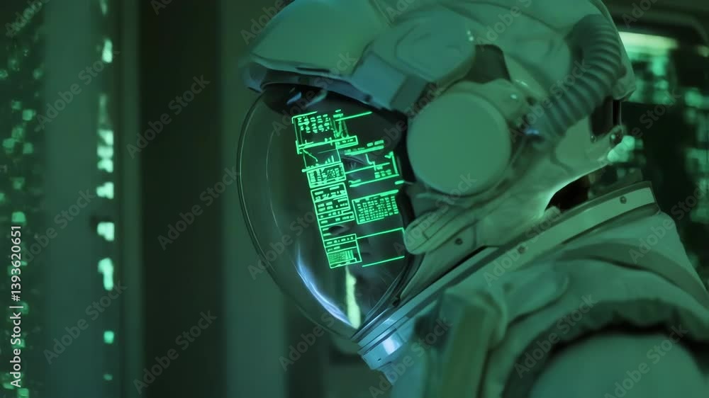 Poster astronaut wearing a spacesuit with a heads up display is checking data on a computer screen inside a