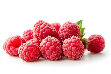 A close up photograph showing a pile of ripe red raspberries