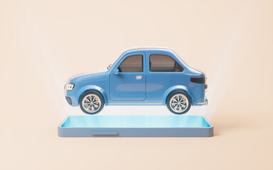 Mobile phone with a car on it, 3d rendering.