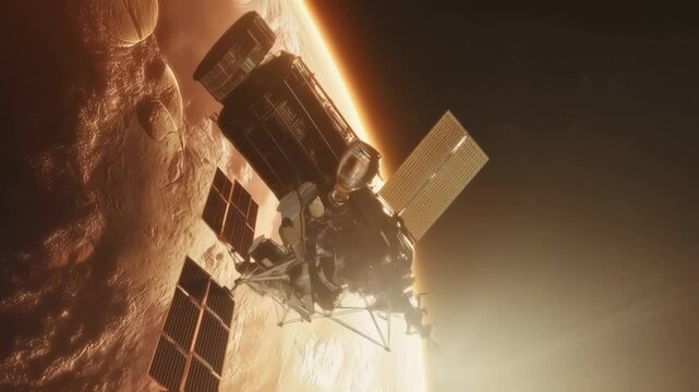 Orbital sunrise casting golden light across spacecraft hovering near rust colored martian landscape, solar panels extended, revealing technological marvel of interplanetary exploration