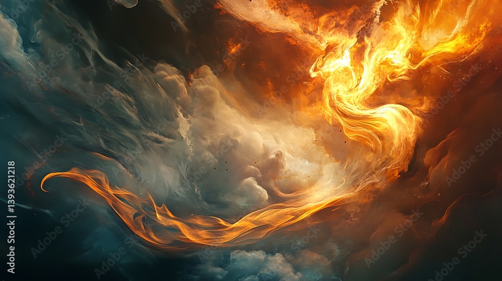 Poster a dramatic display of swirling clouds illuminated by fiery oranges and deep blue tones, creating an 