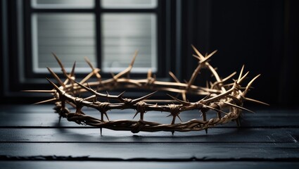 Fototapeta premium the crown of thorns of Jesus on black background against window light with copy space, can be used for Christian background, Easter concept