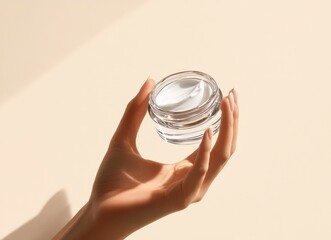 Holding Facial Cream Jar for Skincare Beauty and Wellness Promotion