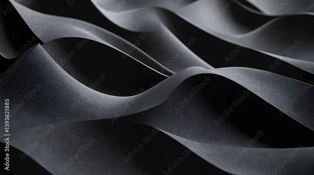 Poster abstract composition showcasing fluid, undulating waves of textured black material, creating a drama