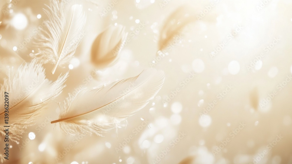 Poster ethereal feathers floating softly against a creamy backdrop with delicate sparkles dancing in the ge