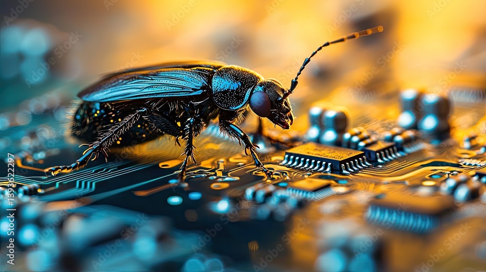 Aufkleber close-up of a black beetle on a circuit board: exploring the intersection of nature and technology