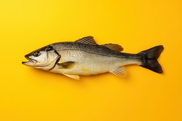 Naklejka premium A freshly caught fish laying on a solid yellow background