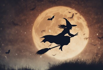 witch sky background flying through moonlit halloween moon star cloud bat illustration holiday three-dimensional landscape cloudy broomstick night sorcerer