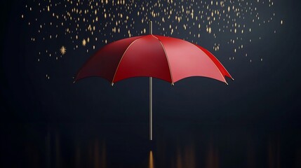 Elegant red umbrella protecting from golden rain, luxury concept image