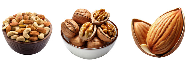 Obraz premium Variety of Nuts: Close-up shot, showcasing a bowl filled with mixed nuts, walnuts in shell and split almond, ready for snacking or cooking.