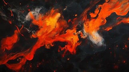 Vibrant abstract painting showcasing fiery reds, oranges, and blacks, resembling flowing lava against a deep dark backdrop, conveying intense energy and passion