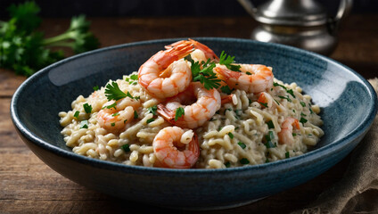 Creamy Seafood Risotto with Shrimp and Sprinkled with Fresh Parsley