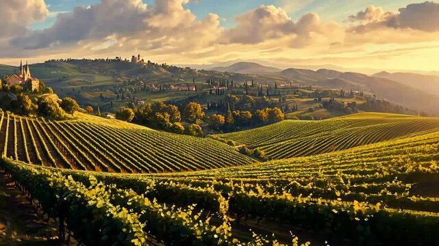 Captivating vista of rolling vineyard hills in the Italian countryside at sunrise