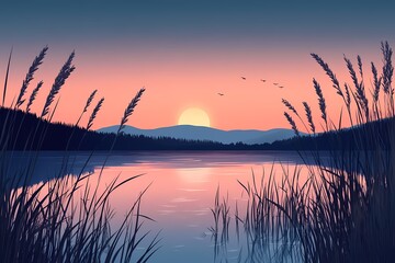 Serene Evening Landscape at Sunset: Vibrant Reflections on a Tranquil Lake with Picturesque Mountain Backdrop