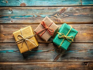 Fototapeta premium Charming Rustic Handmade Gift Boxes Wooden Background Flat Lay for Unique Presents