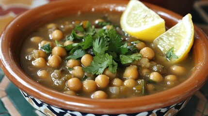 A vibrant bowl of chickpea stew garnished with fresh cilantro and lemon slices, showcasing earthy tones and a rustic ceramic dish