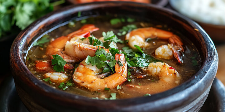 Brazilian tacaca or amazonian shrimp and jambu soup on the table