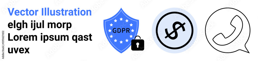 Poster gdpr shield with lock icon, dollar symbol in circle, and phone call icon. ideal for data security, p
