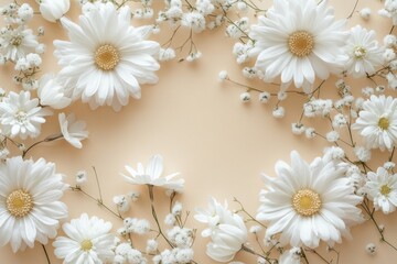 White daisies and small white flowers arranged on a neutral surface
