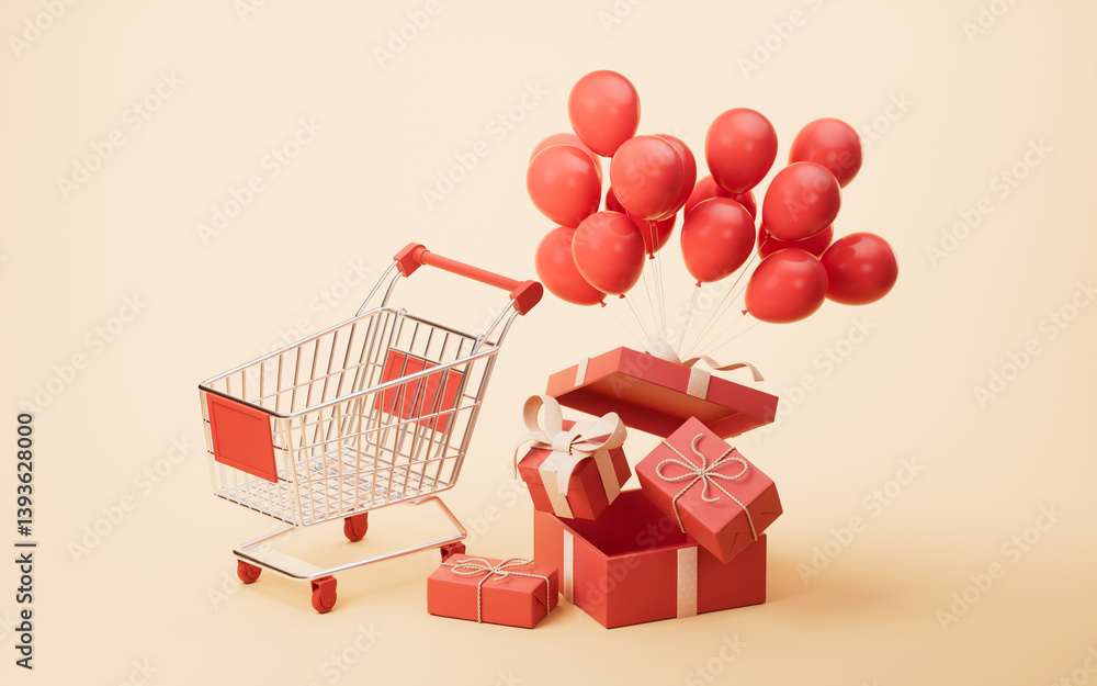 Poster shopping cart and e-commence gift boxes, 3d rendering.
