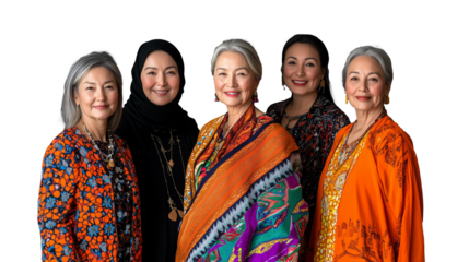 Group of diverse senior women in colorful traditional attire smiling together on a transparent background