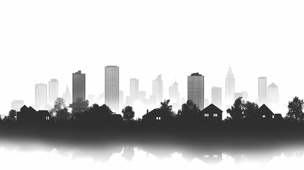 Modern Urban Cityscape Silhouette: Black and White Skyline Reflection in Vector Art