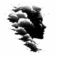 Surreal Feminine Silhouette in Cloudscape: Dreamlike Abstract Artistic Design with Ethereal Serenity