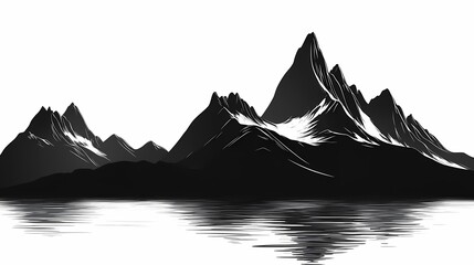 Black and White Minimalist Mountain Silhouette Reflection: Tranquil Nature Landscape Artwork