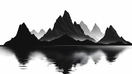 Minimalist Mountain Reflection: Black and White Nature Art Featuring Scenic Silhouettes and Harmonious Topography