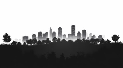 Black and White Cityscape Skyline Silhouette: Modern Urban Landscape with Nature Contrast