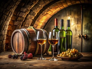 Obraz premium Rustic Wine Cellar Still Life Oak Barrels Wine Bottles and Glasses A Celebration of Crafted Drinks