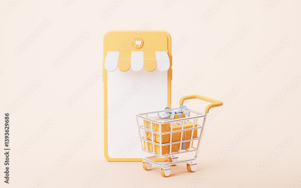 Poster shopping cart and e-commence gift boxes, 3d rendering.