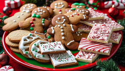 A delightful assortment of festive gingerbread cookies and candy cane treats on a plate.