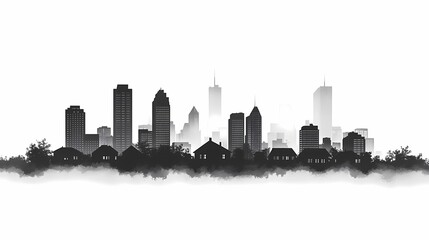 Black and White City Skyline Silhouette in Modern Urban Landscape with Fog Effect - Minimalist Art of Metropolitan Architecture