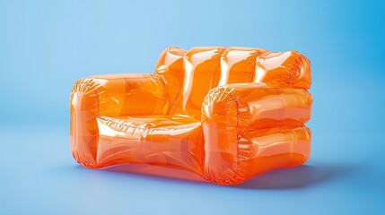 An orange inflatable chair is presented on a blue background