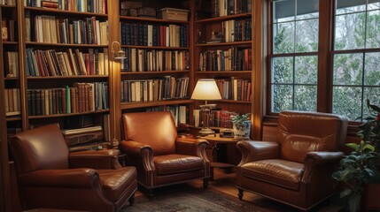 An inviting reading nook with comfortable chairs and many books