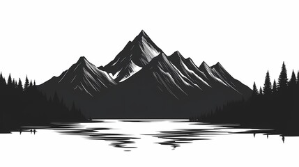 Black and White Mountainscape: Tranquil Snow-Capped Lake Reflection and Silhouettes