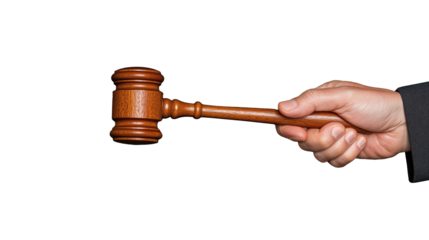Hand holding a wooden gavel in a striking position on a transparent background