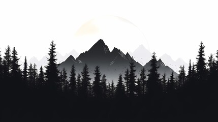 Monochrome Mountain Silhouette: Tranquil Forest & Peak Landscape for Nature Exploration