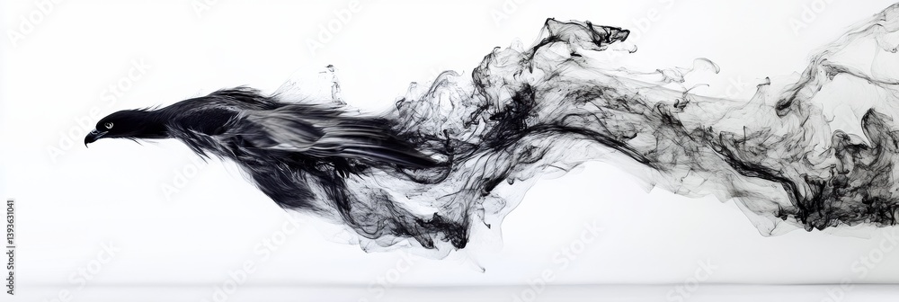 Poster hawk diving through the air with flowing feathers against a white background