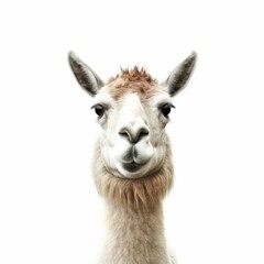 Closeup Portrait of a Smiling Llama, Fluffy and Cute Animal Face, White Background