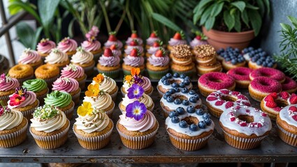 Fototapeta premium A vibrant assortment of beautifully decorated cupcakes and donuts, perfect for any sweet occasion.