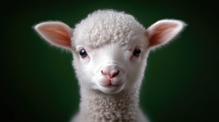 Obraz premium Adorable lamb portrait. Close-up of a fluffy, white lamb, facing forward with big, innocent eyes, against a dark green background. A soft light highlights the lamb's delicate features