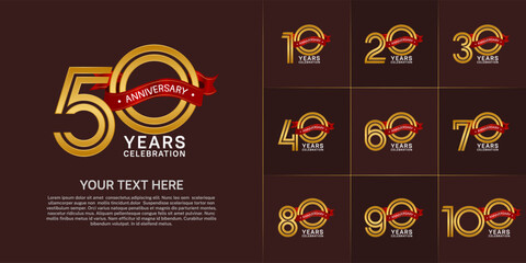 Anniversary logo style double line number set. golden color with red ribbon for celebration event