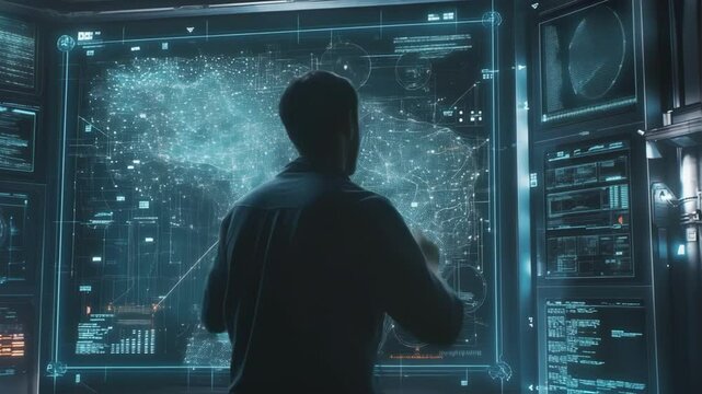 Space command center officer analyzing holographic data displayed on a futuristic touchscreen, planning interstellar travel and managing space exploration missions