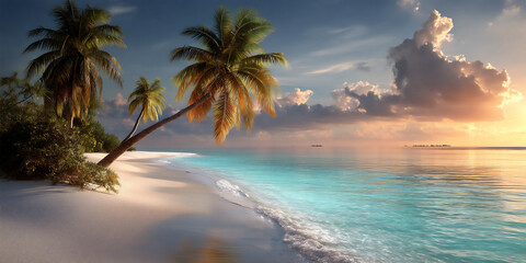 Fototapeta premium serene beach, maldives, sunset, white sand, tranquil water, detailed, high-resolution, tropical