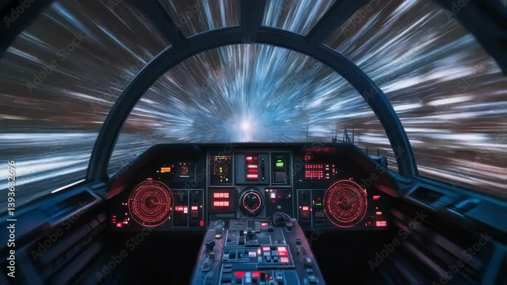 Poster control panel and circular window of spaceship entering hyperspace, showing light streaks and distor
