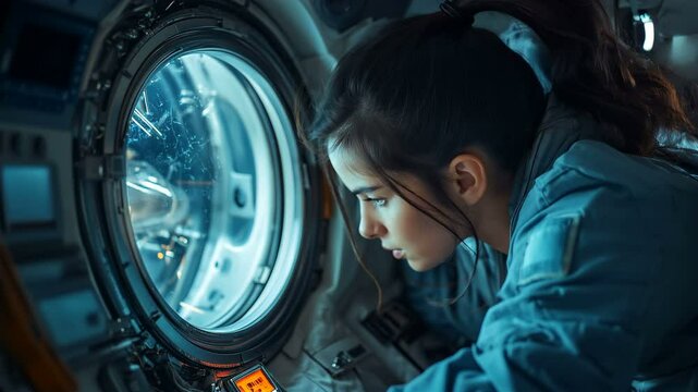 A young astronaut gazes out into the vast cosmos through the window of their spacecraft, pondering life