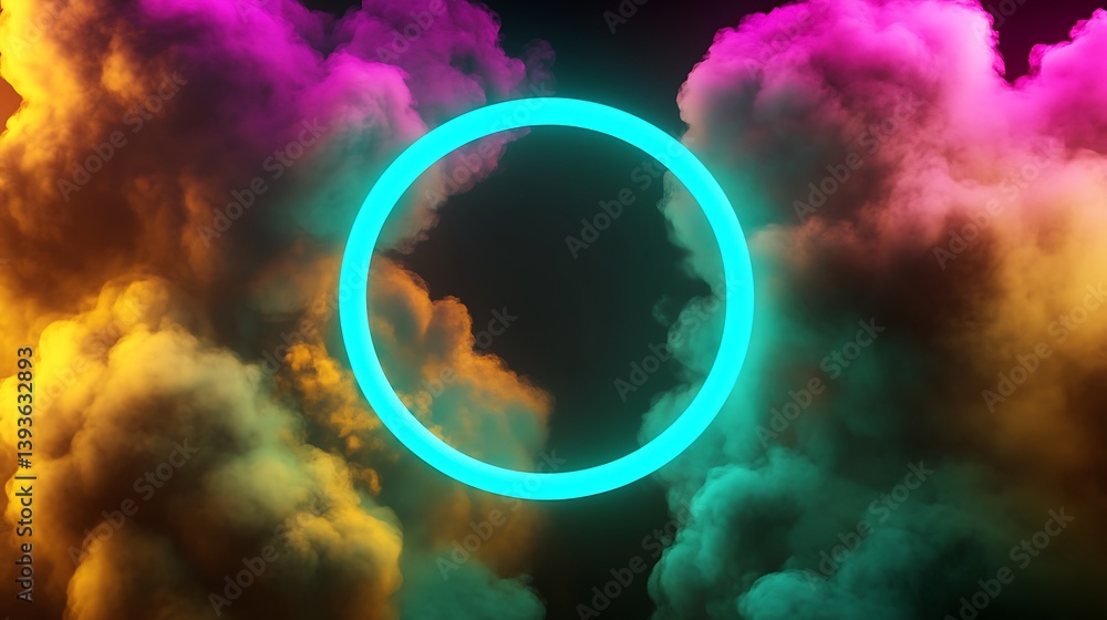 Poster abstract colorful smoke clouds in vibrant shades with a glowing circular frame in the center, creati