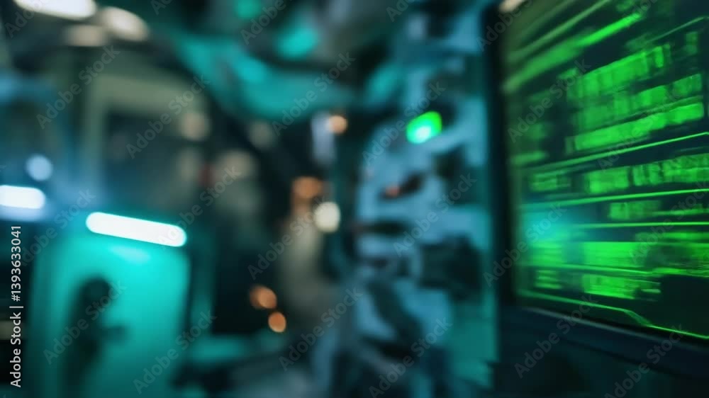 Poster multiple screens displaying changing green data inside a spaceship control panel, with switches and 